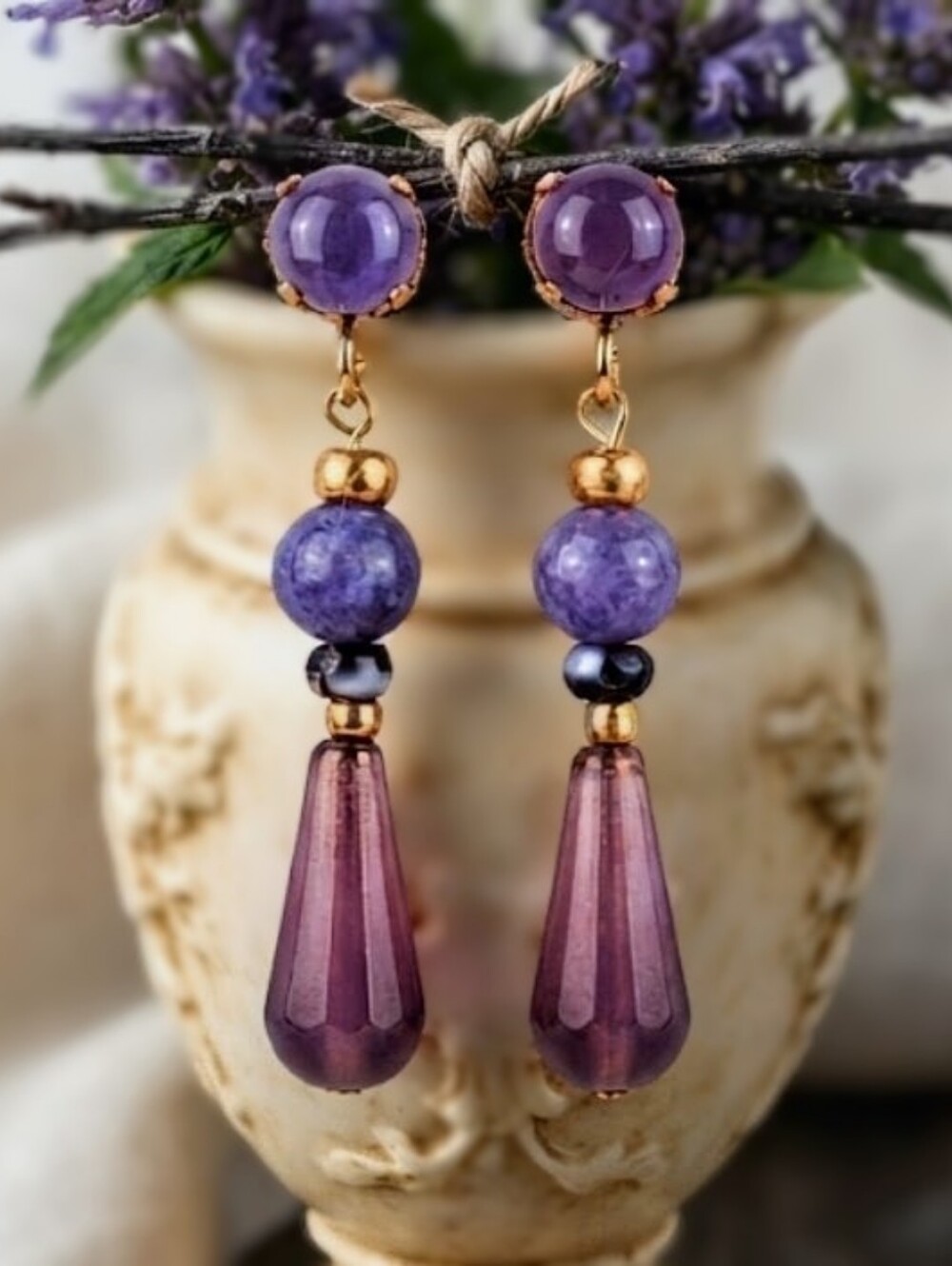 Victorian Natural Lavender Jade & Glass In Handmade Artisan Drop Down Earrings